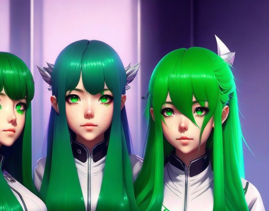 Three green-haired anime girls in futuristic outfits on purple background