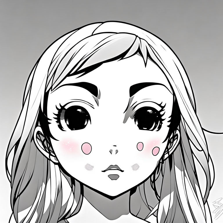 Monochrome manga drawing of girl with big eyes and blushed cheeks