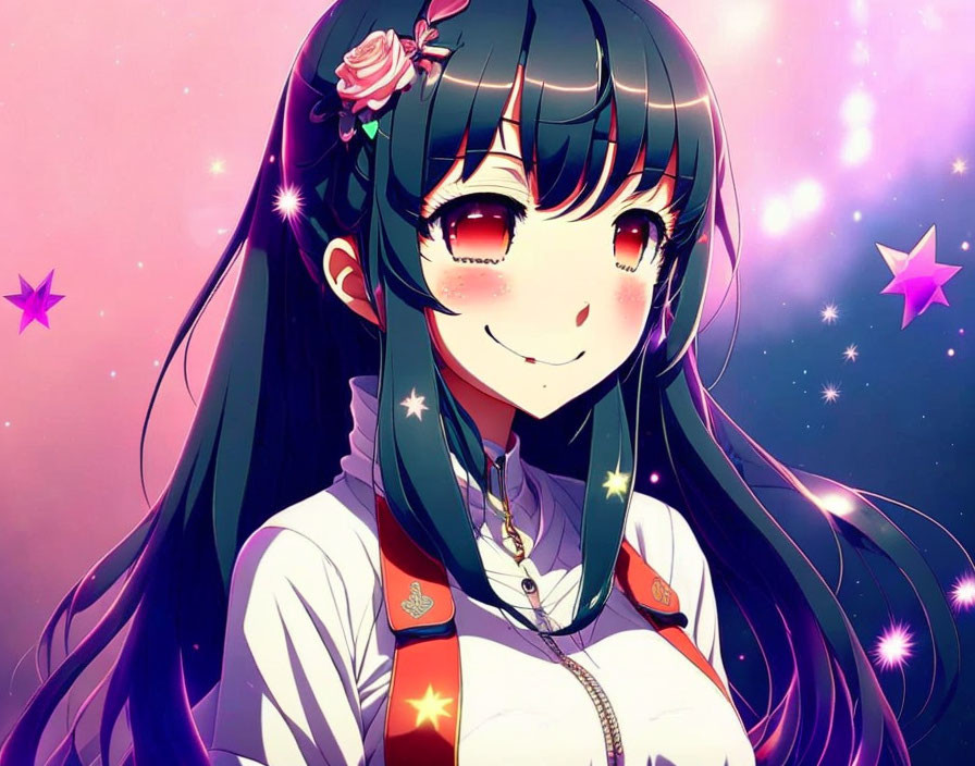 Smiling anime girl with long black hair in pink floral hair accessory