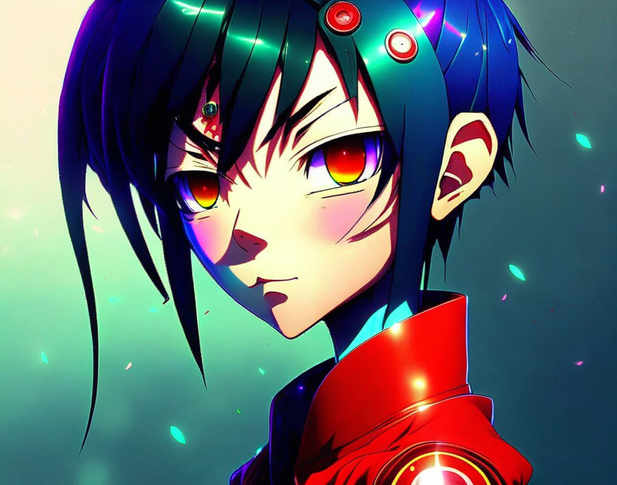 Anime character with glowing red eyes, dark hair, green highlights, red buttons, and collar