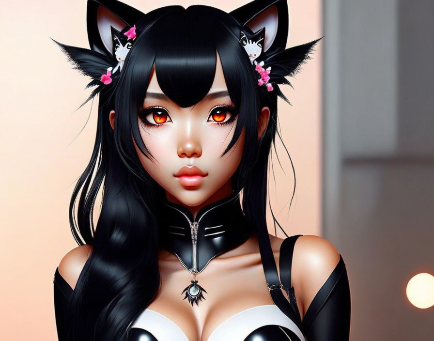 black hair, anime girl, black cat ears