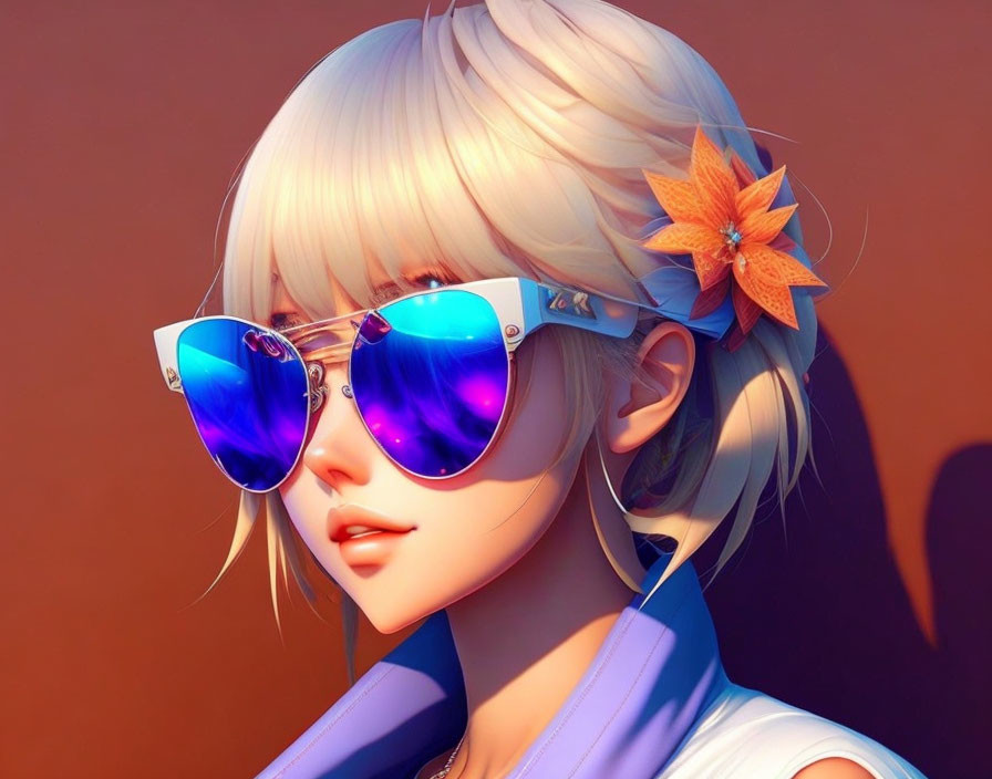 Stylized digital portrait of young woman with platinum blonde hair and blue sunglasses