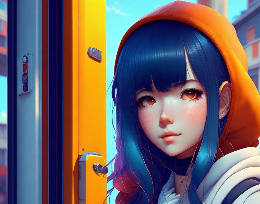 Detailed digital artwork: girl with blue hair and yellow hood, vibrant city background.