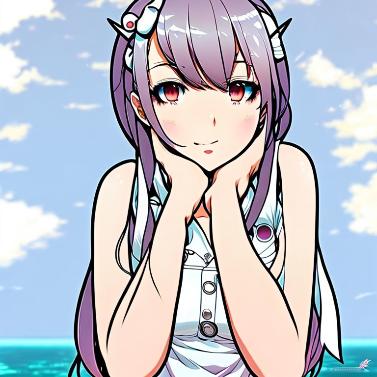 Anime girl with long purple hair and red eyes smiling by the sea and sky