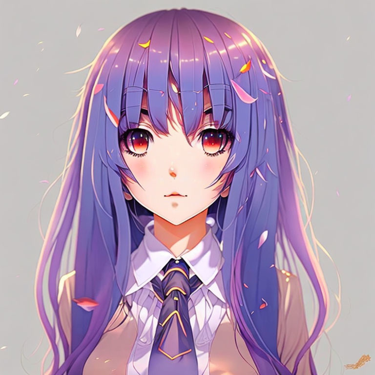 Purple-haired girl in white blouse with red eyes, surrounded by falling petals