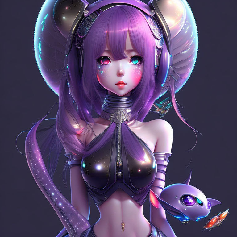 Illustrated female character with purple eyes, long hair, futuristic headphones, and small robotic companion