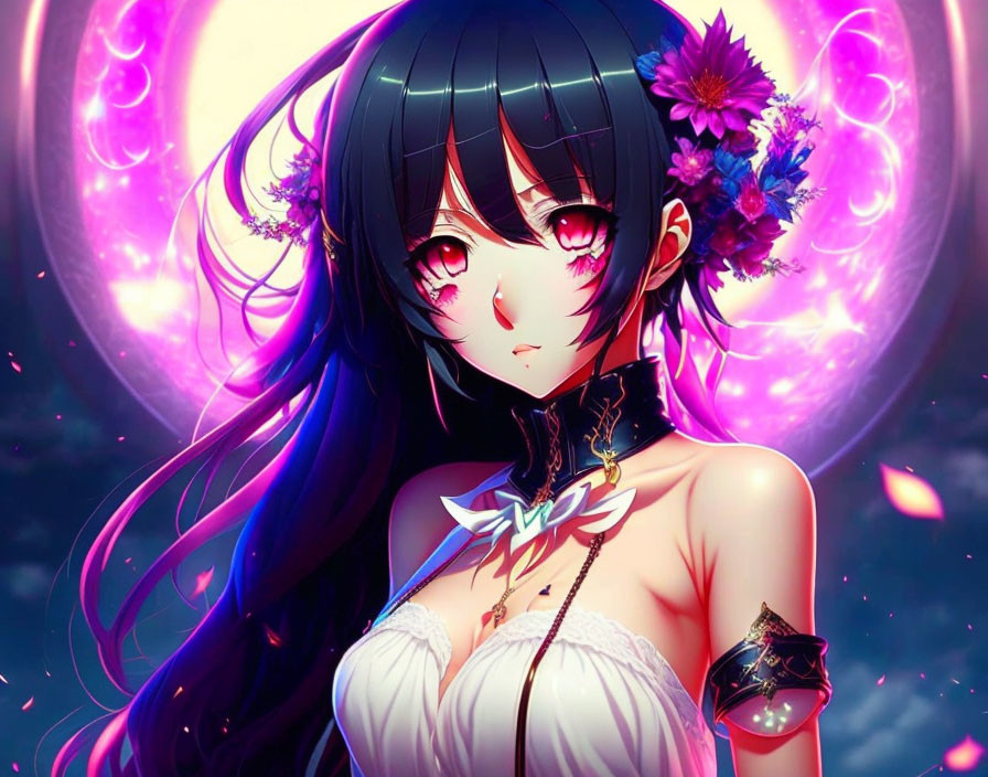 Long black hair, pink eyes, floral accessories on girl in animated image against pink and blue background