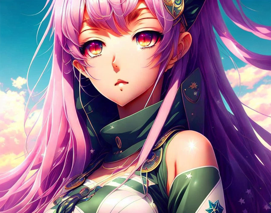 Purple-haired girl in green outfit against pink and blue sky