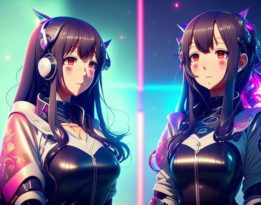 Anime-style girls with long black hair and futuristic headphones in neon-lit setting