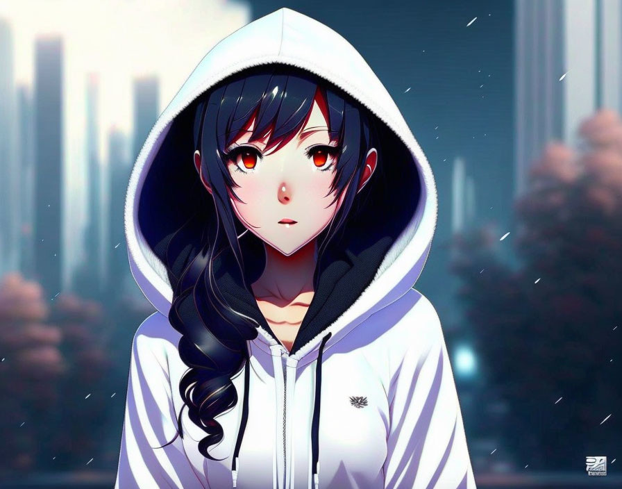 Long Black-Haired Anime Girl in White Hoodie in Snowy Cityscape