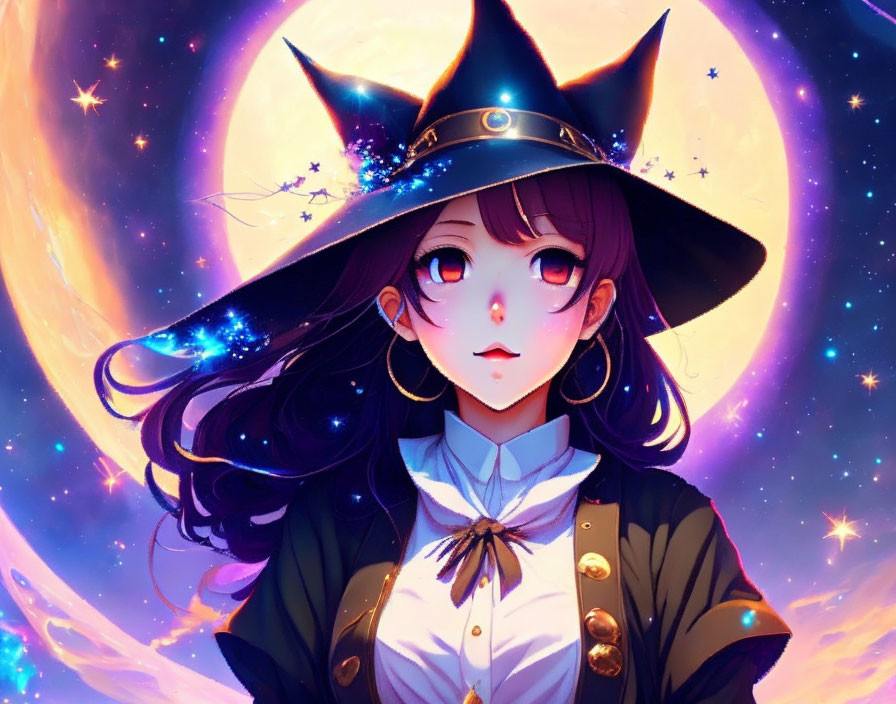 Young girl with witch's hat in cosmic anime-style illustration