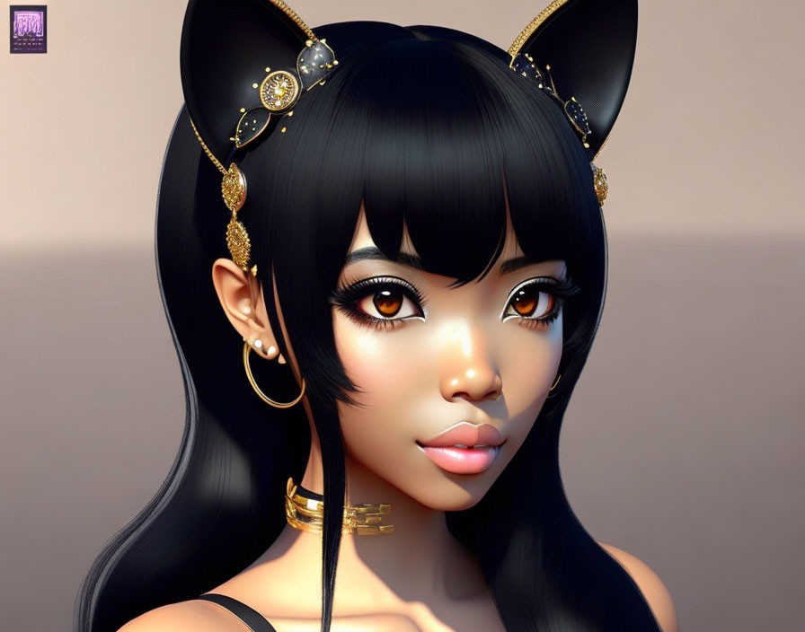 Illustrated female character with cat ears, amber eyes, golden jewelry, and black hairstyle