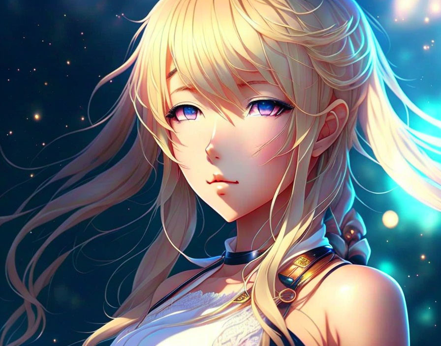 Blond-haired female anime character with blue eyes in starry setting