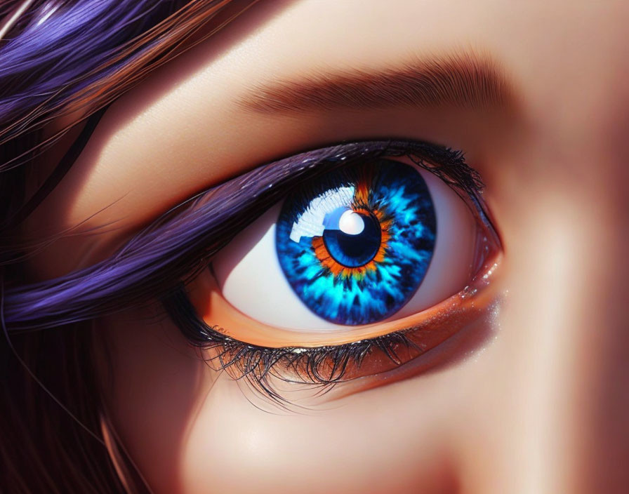 Detailed Close-up of Vibrant Blue Eye and Purple Hair Strands