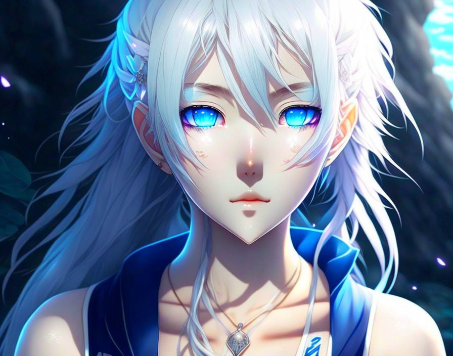 Illustrated character with white hair, blue eyes, pointed ears, and pendant