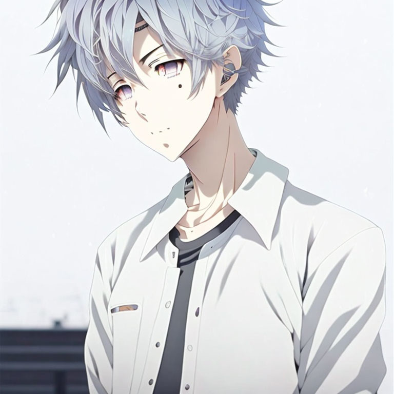 Young person with messy light blue hair and golden eyes in white shirt with striped undershirt.