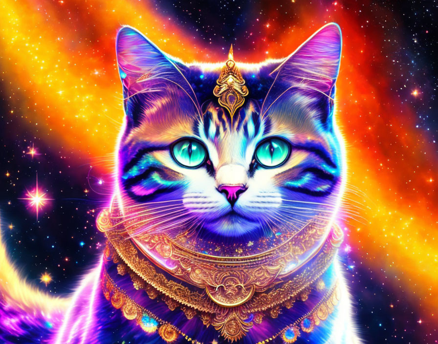 Cosmic cat with intense blue eyes and golden jewelry in colorful nebulae