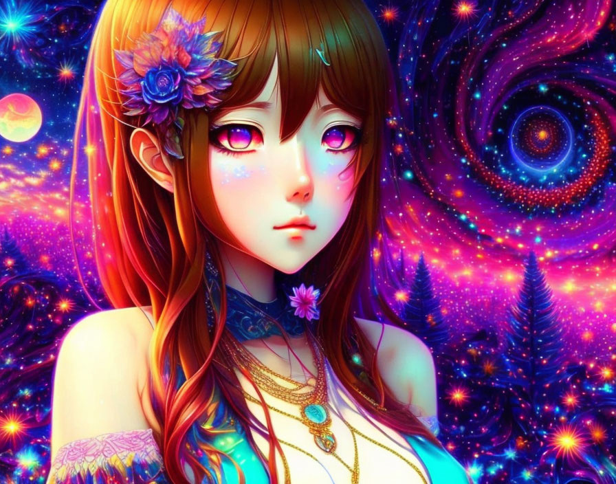 Anime-style girl with large purple eyes in cosmic background