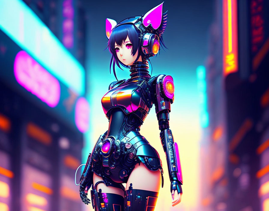 Futuristic female android with cat-like ear headphones in neon-lit cityscape