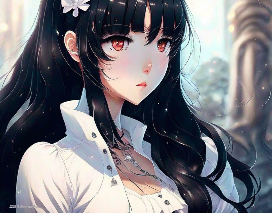 Anime-style girl with long black hair, flower, white shirt, necklace, in softly lit setting