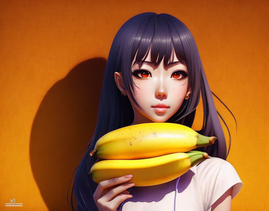 Stylized digital artwork of girl with dark hair holding bananas