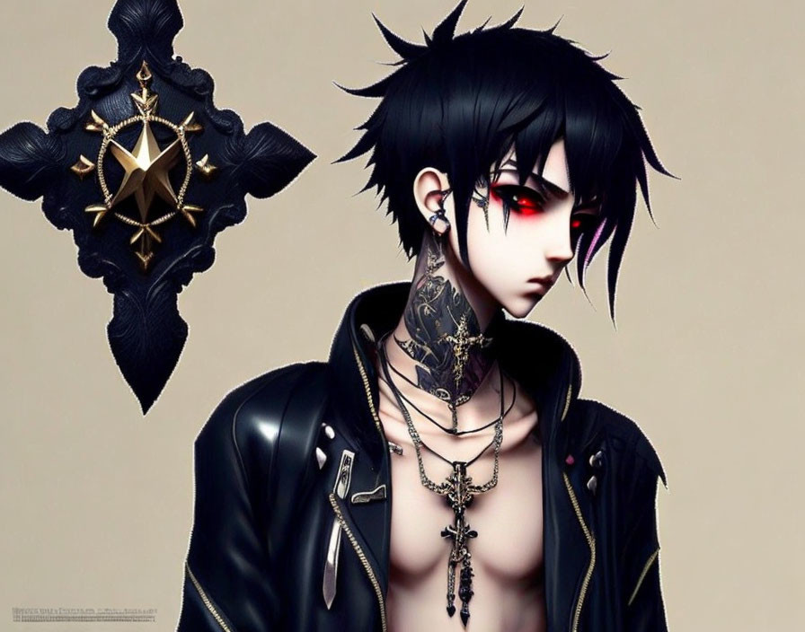 Gothic anime character with black hair, red eyes, piercings, leather jacket, tattoos