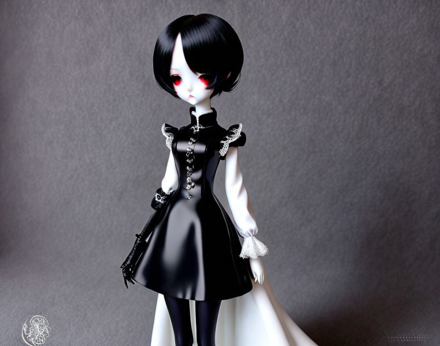 Gothic doll with red eyes and bob-cut hair in black and white outfit