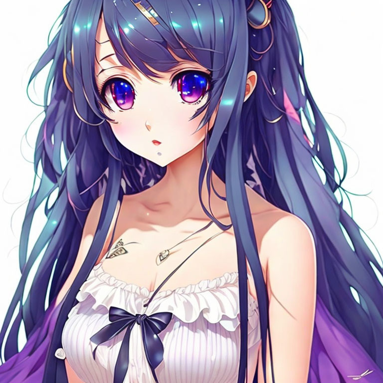 Illustration of girl: long blue hair, purple eyes, white dress, surprised look