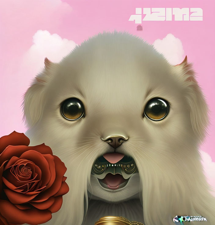 Stylized white dog with gold pacifier, red rose, and Asian characters.