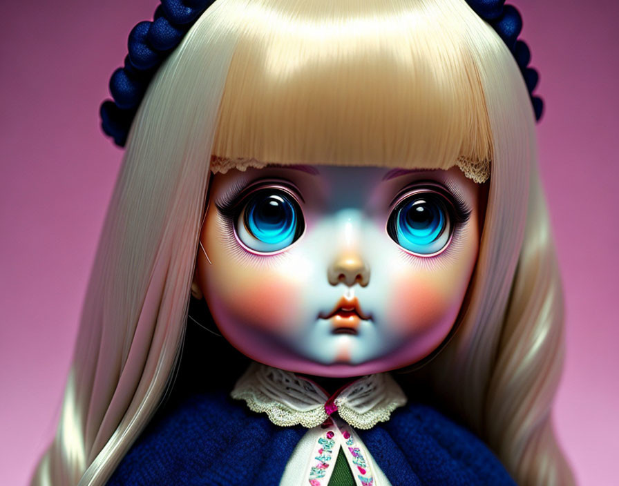 Blonde Doll with Blue Eyes in Dark Blue Dress