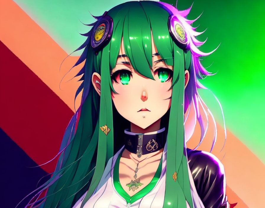 Illustrated female character with long green hair and ornate headphones on colorful background