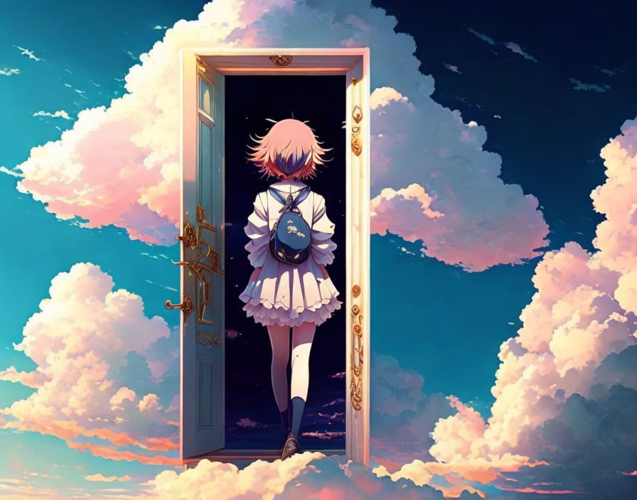 Anime girl in dreamy sky with open door