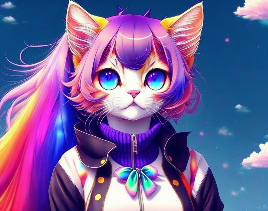 Anthropomorphic cat girl with rainbow hair and blue eyes in jacket and choker against blue sky