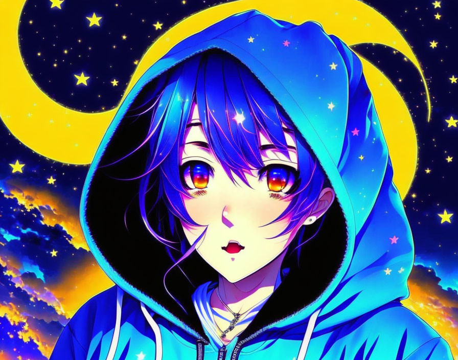 Anime character in blue hoodie under crescent moon