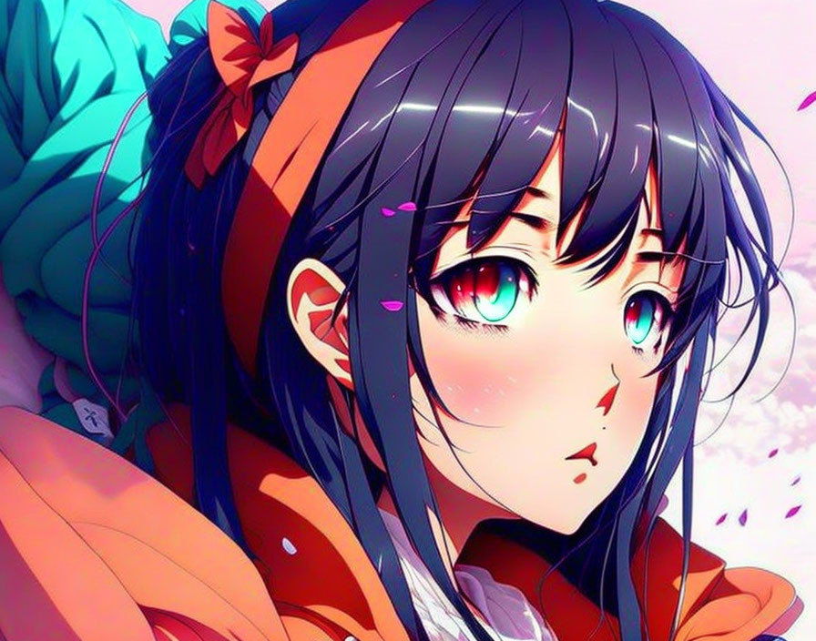 Anime girl with large teal eyes and black hair with red bow on pink and blue background