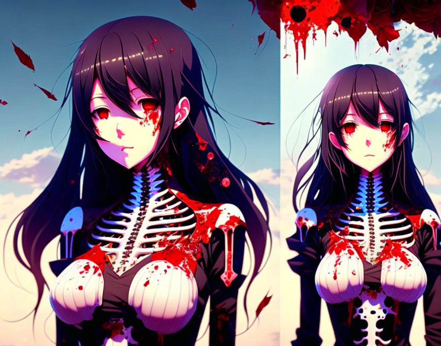 Illustration of a girl with black hair, red eyes, skeletal torso, blood splatters, and