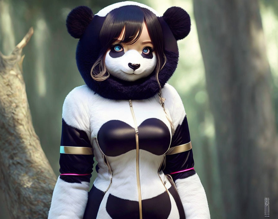 Stylized anthropomorphic panda costume with black and white color scheme