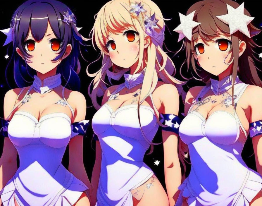 Anime-style girls in blue and white outfits with star accessories on black background.