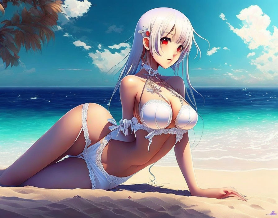 Anime-style character with white hair and red eyes in white bikini on sandy beach.