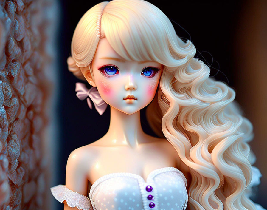 Porcelain doll with blonde hair, blue eyes, pink bow, white and purple dress