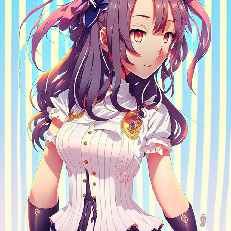 Long purple-haired anime girl in white dress with black gloves and choker on blue-striped background.