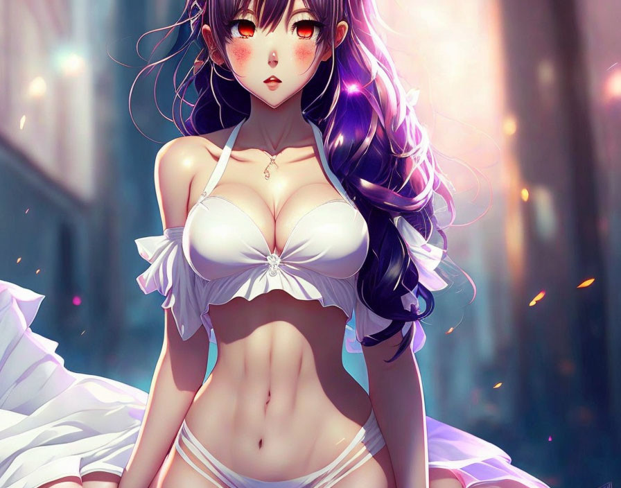 Purple-haired female anime character in white bikini top and sheer skirt with red eyes in fantastical setting