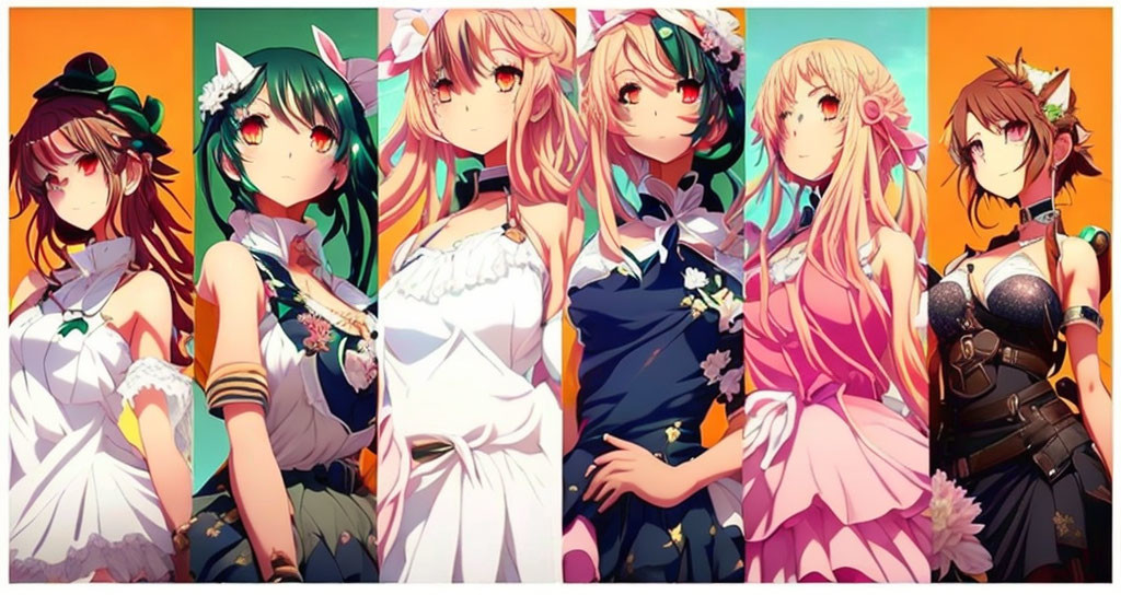 Anime-style female characters with diverse hairstyles and colorful outfits.