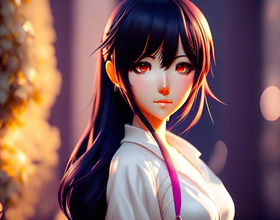 Character with large expressive eyes, dark hair, and white outfit in warm backlight