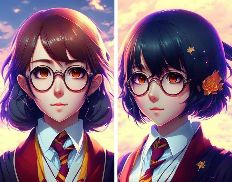 Anime-style illustration of two girls with large glasses and school uniforms, featuring distinct warm and cool hair colors