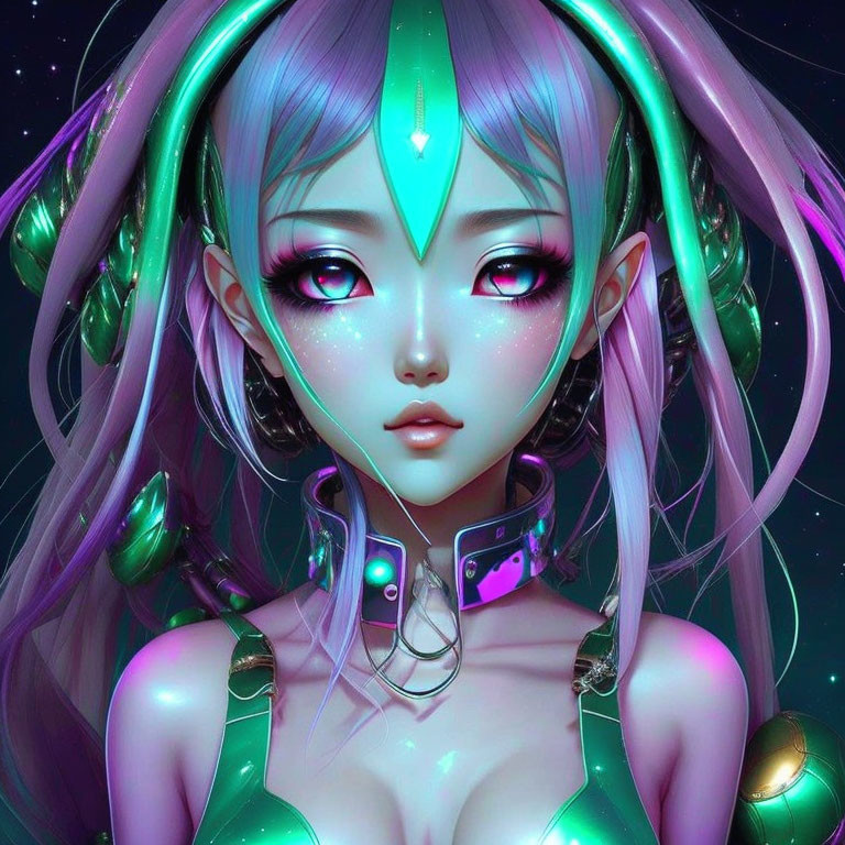 Futuristic digital artwork of female character with elf-like ears and glowing pink eyes