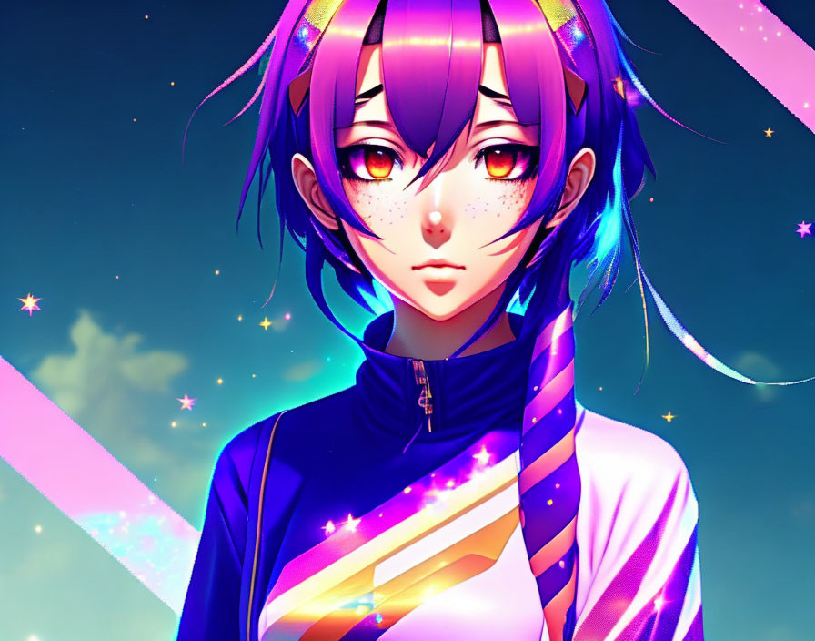 Purple-Haired Character with Golden Eyes in Futuristic Outfit on Starry Blue Background