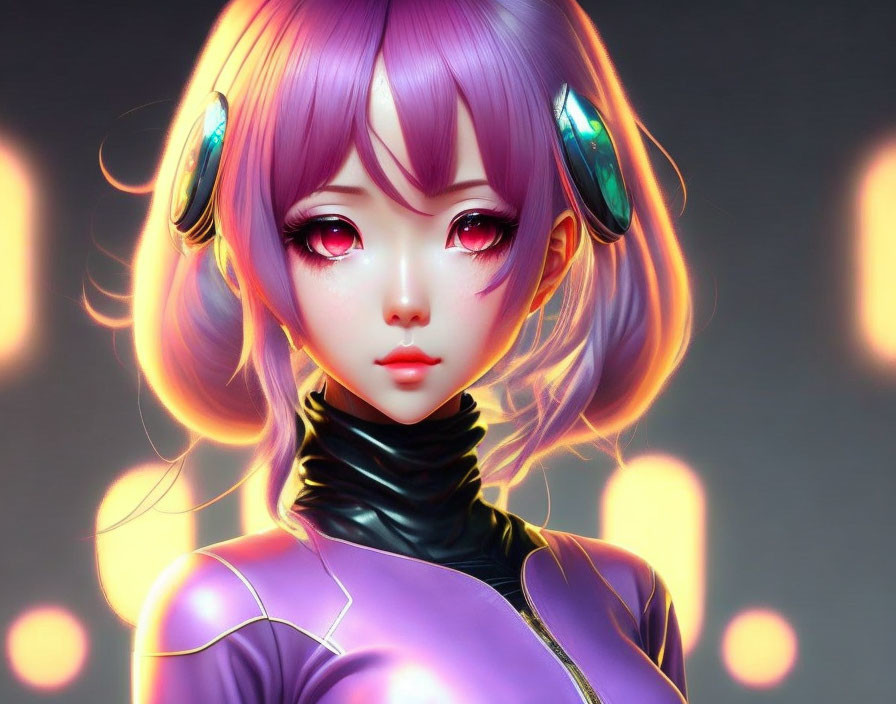 Stylized digital artwork: Female character with purple hair, expressive eyes, headphones, futuristic attire on