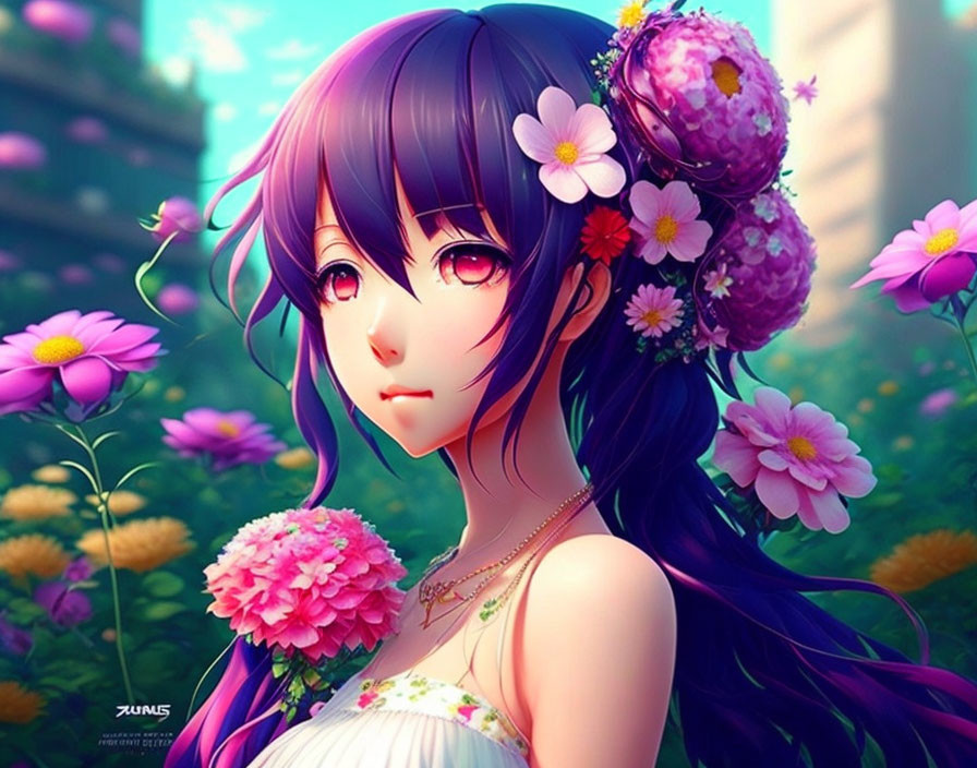 Purple-haired anime-style girl with flower-adorned hair holding pink bouquet in front of blurred green background