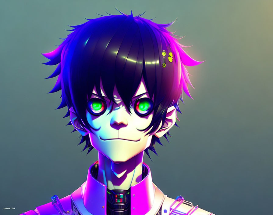 Character with Black and Purple Hair and Cybernetic Details on Gradient Background